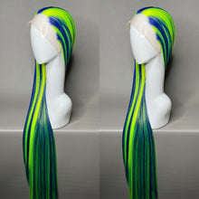 Load image into Gallery viewer, CYBER LADY Custom Colored Lace Front Wig (Large Cap, Indigo Blue w/Neon Green Hi Lights, 40 inch length) READY TO SHIP