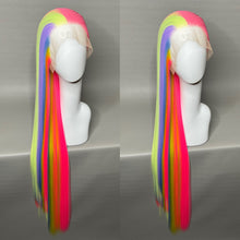 Load image into Gallery viewer, KAWAII QT Custom Colored Lace Front Wig (Large Cap, Split Dye Half Bubble Gum Pink/Half Pastel Rainbow, 40 inch length) READY TO SHIP