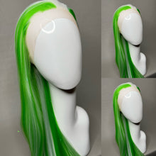 Load image into Gallery viewer, SPEARMINT Custom Colored Lace Front Wig (Large Cap, Green w/White Hi Lights & Tinsel, 26 inch length) READY TO SHIP