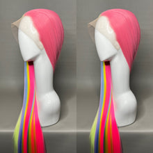 Load image into Gallery viewer, KAWAII QT Custom Colored Lace Front Wig (Large Cap, Split Dye Half Bubble Gum Pink/Half Pastel Rainbow, 40 inch length) READY TO SHIP