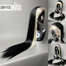 Load image into Gallery viewer, WHITE LIES Custom Colored Lace Front Wig (Large Cap, Black w/Platinum Blonde Sideburn Hi Lights, 24 inch length) READY TO SHIP