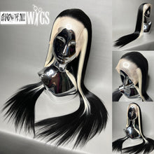 Load image into Gallery viewer, WHITE LIES Custom Colored Lace Front Wig (Large Cap, Black w/Platinum Blonde Sideburn Hi Lights, 24 inch length) READY TO SHIP