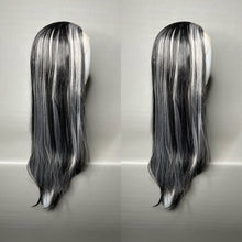 Load image into Gallery viewer, FROSTBITE Custom Colored Lace Front Wig (Large Cap, White w/Black & Grey Lo Lights Tinsel, 26 inch length) READY TO SHIP