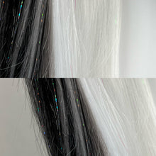 Load image into Gallery viewer, FROSTBITE Custom Colored Lace Front Wig (Large Cap, White w/Black & Grey Lo Lights Tinsel, 26 inch length) READY TO SHIP