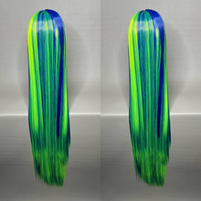 Load image into Gallery viewer, CYBER LADY Custom Colored Lace Front Wig (Large Cap, Indigo Blue w/Neon Green Hi Lights, 40 inch length) READY TO SHIP