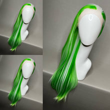 Load image into Gallery viewer, SPEARMINT Custom Colored Lace Front Wig (Large Cap, Green w/White Hi Lights & Tinsel, 26 inch length) READY TO SHIP