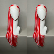Load image into Gallery viewer, PEPPERMINT Custom Colored Lace Front Wig (Large Cap, Red w/White Hi Lights & Tinsel, 26 inch length) READY TO SHIP
