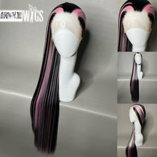 Load image into Gallery viewer, VAMPIRE HEART Custom Colored Lace Front Wig (Large Cap, Black w/Pastel Pink Hi Lights, 40 inch length) READY TO SHIP