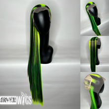 Load image into Gallery viewer, BEETLEJUICE Custom Colored Lace Front Wig (Large Cap, 13x3 Lace Front, Black w/Neon Green Hi Lights) MADE TO ORDER