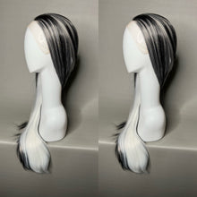 Load image into Gallery viewer, FROSTBITE Custom Colored Lace Front Wig (Large Cap, White w/Black & Grey Lo Lights Tinsel, 26 inch length) READY TO SHIP