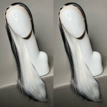 Load image into Gallery viewer, FROSTBITE Custom Colored Lace Front Wig (Large Cap, White w/Black & Grey Lo Lights Tinsel, 26 inch length) READY TO SHIP