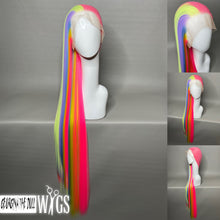 Load image into Gallery viewer, KAWAII QT Custom Colored Lace Front Wig (Large Cap, Split Dye Half Bubble Gum Pink/Half Pastel Rainbow, 40 inch length) READY TO SHIP