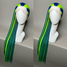 Load image into Gallery viewer, CYBER LADY Custom Colored Lace Front Wig (Large Cap, Indigo Blue w/Neon Green Hi Lights, 40 inch length) READY TO SHIP