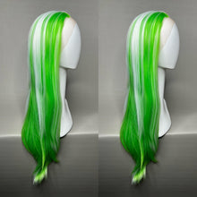 Load image into Gallery viewer, SPEARMINT Custom Colored Lace Front Wig (Large Cap, Green w/White Hi Lights & Tinsel, 26 inch length) READY TO SHIP