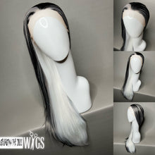 Load image into Gallery viewer, FROSTBITE Custom Colored Lace Front Wig (Large Cap, White w/Black & Grey Lo Lights Tinsel, 26 inch length) READY TO SHIP