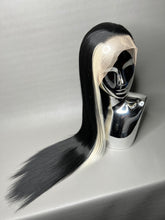 Load image into Gallery viewer, WHITE LIES Custom Colored Lace Front Wig (Large Cap, Black w/Platinum Blonde Sideburn Hi Lights, 24 inch length) READY TO SHIP