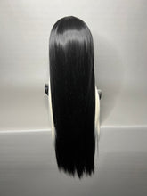 Load image into Gallery viewer, WHITE LIES Custom Colored Lace Front Wig (Large Cap, Black w/Platinum Blonde Sideburn Hi Lights, 24 inch length) READY TO SHIP