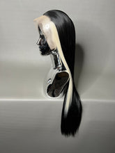 Load image into Gallery viewer, WHITE LIES Custom Colored Lace Front Wig (Large Cap, Black w/Platinum Blonde Sideburn Hi Lights, 24 inch length) READY TO SHIP