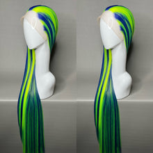 Load image into Gallery viewer, CYBER LADY Custom Colored Lace Front Wig (Large Cap, Indigo Blue w/Neon Green Hi Lights, 40 inch length) READY TO SHIP
