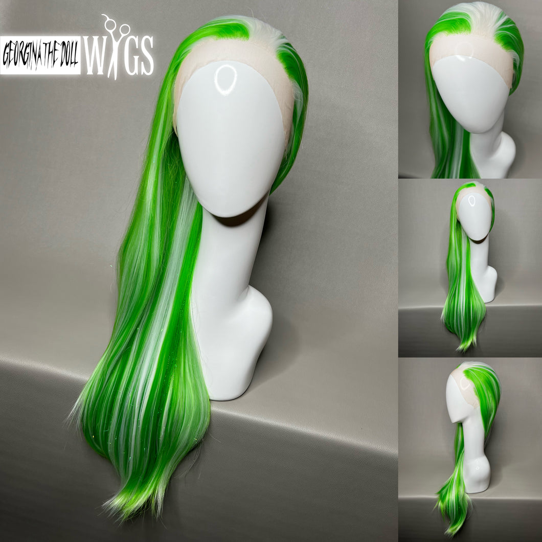 SPEARMINT Custom Colored Lace Front Wig (Large Cap, Green w/White Hi Lights & Tinsel, 26 inch length) READY TO SHIP