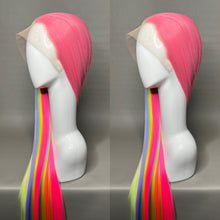 Load image into Gallery viewer, KAWAII QT Custom Colored Lace Front Wig (Large Cap, Split Dye Half Bubble Gum Pink/Half Pastel Rainbow, 40 inch length) READY TO SHIP
