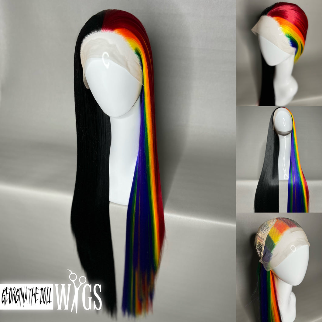 COLOR MAGIC Custom Colored Lace Front Wig (Large Cap, Half and Half Black/Rainbow, 40 inch length) MADE TO ORDER