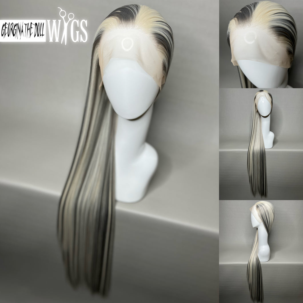 SILVER BELLE Custom Colored Lace Front Wig (Large Cap, Grey w/Platinum Blonde Hi Lights, 40 inch length) READY TO SHIP