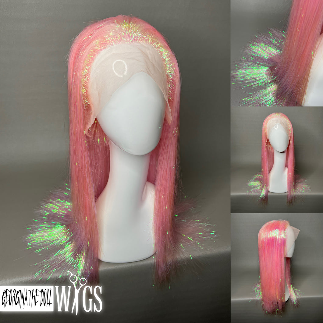 GLOSSY PURR Custom Colored Lace Front Wig (Medium Cap, Pink Tinsel, 24 inch length) READY TO SHIP