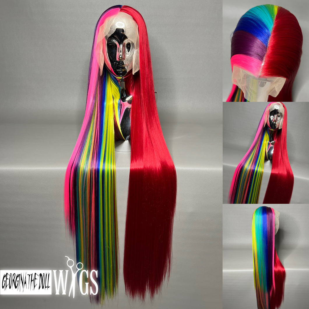 RRR PRIDE Custom Colored Lace Front Wig (13x6 Frontal,Large Cap, Split Dye Half Red/Half Rainbow, 40 inch length) READY TO SHIP