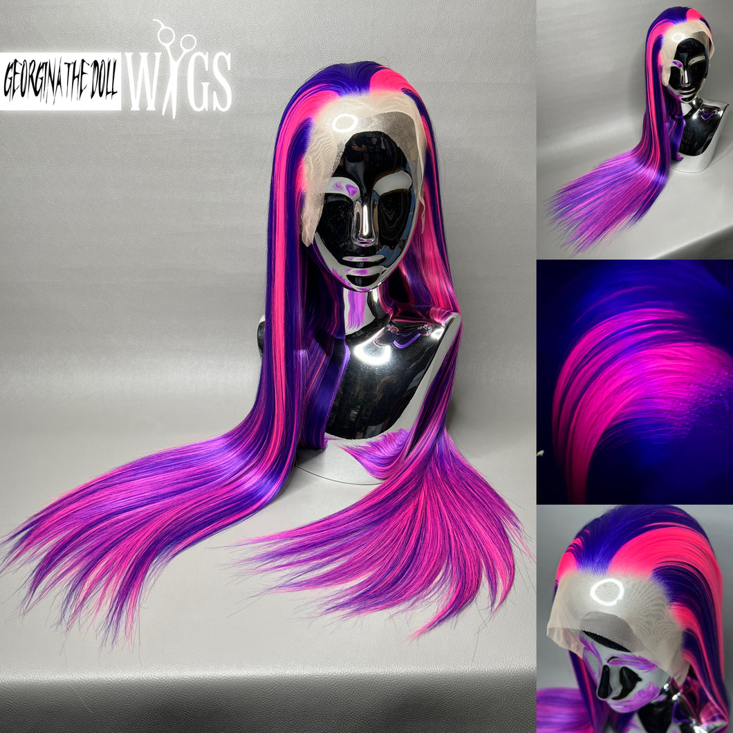 CHESHIRE Custom Colored Lace Front Wig (Large Cap, Violet w/Neon Pink Hi Lights, 24 inch length) READY TO SHIP