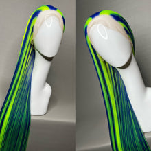 Load image into Gallery viewer, CYBER LADY Custom Colored Lace Front Wig (Large Cap, Indigo Blue w/Neon Green Hi Lights, 40 inch length) READY TO SHIP
