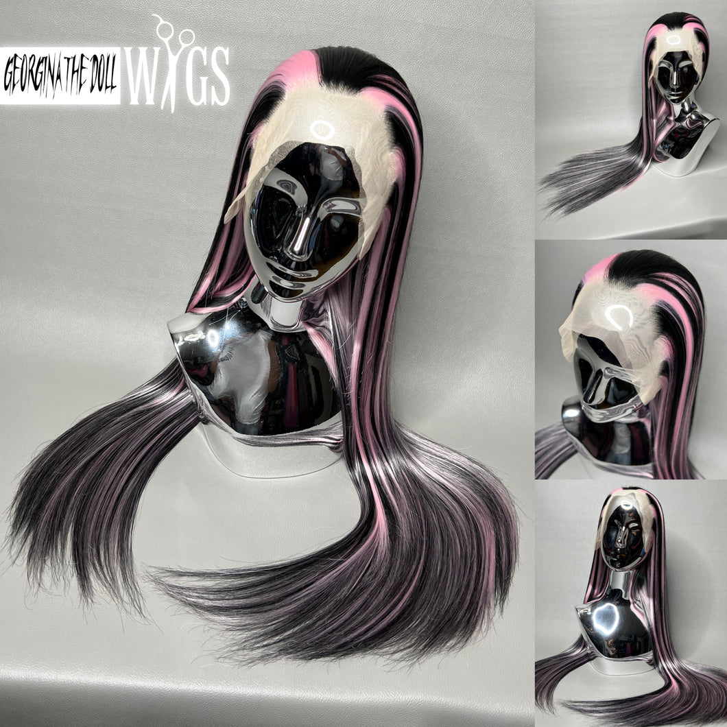 VAMPIRE HEART Custom Colored Lace Front Wig (Large Cap, Black w/Pastel Pink Hi Lights, 24 inch length) READY TO SHIP