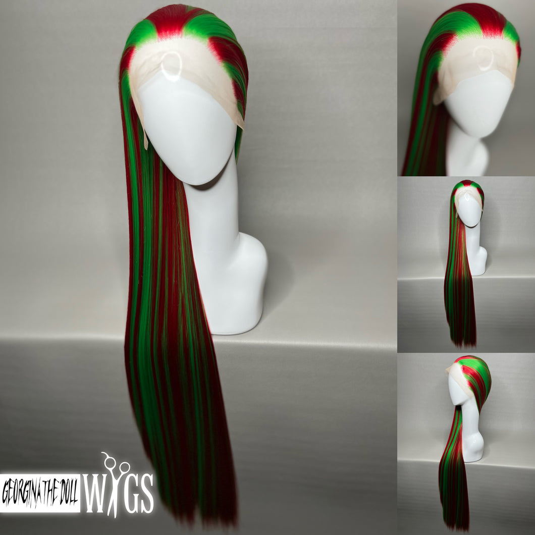 XXXMAS Custom Colored Lace Front Wig (Large Cap, Red w/Green Hi Lights, 40 inch length) READY TO SHIP