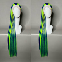 Load image into Gallery viewer, CYBER LADY Custom Colored Lace Front Wig (Large Cap, Indigo Blue w/Neon Green Hi Lights, 40 inch length) READY TO SHIP
