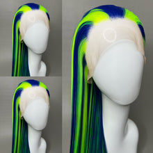 Load image into Gallery viewer, CYBER LADY Custom Colored Lace Front Wig (Large Cap, Indigo Blue w/Neon Green Hi Lights, 40 inch length) READY TO SHIP
