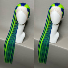 Load image into Gallery viewer, CYBER LADY Custom Colored Lace Front Wig (Large Cap, Indigo Blue w/Neon Green Hi Lights, 40 inch length) READY TO SHIP
