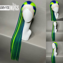 Load image into Gallery viewer, CYBER LADY Custom Colored Lace Front Wig (Large Cap, Indigo Blue w/Neon Green Hi Lights, 40 inch length) READY TO SHIP
