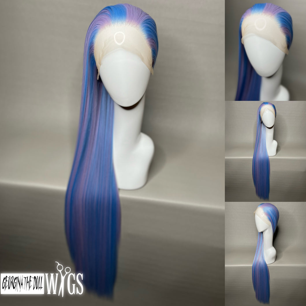 TWINKLE Custom Colored Lace Front Wig (Large Cap, Lavender w/Pastel Blue Hi Lights, 40 inch length) READY TO SHIP