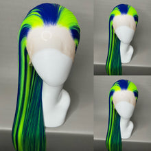 Load image into Gallery viewer, CYBER LADY Custom Colored Lace Front Wig (Large Cap, Indigo Blue w/Neon Green Hi Lights, 40 inch length) READY TO SHIP
