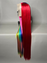 Load image into Gallery viewer, RRR PRIDE Custom Colored Lace Front Wig (13x6 Frontal,Large Cap, Split Dye Half Red/Half Rainbow, 40 inch length) READY TO SHIP
